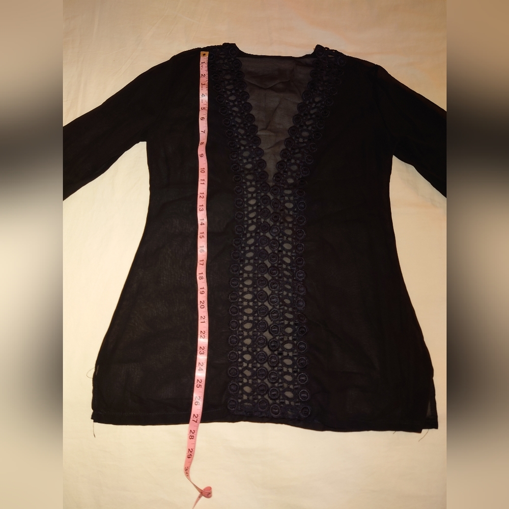 NWOT Sheer Black Swim Cover-up Tunic Designer Eyelet Lace Plunge Top S / M, 4, 6 - Picture 4 of 8